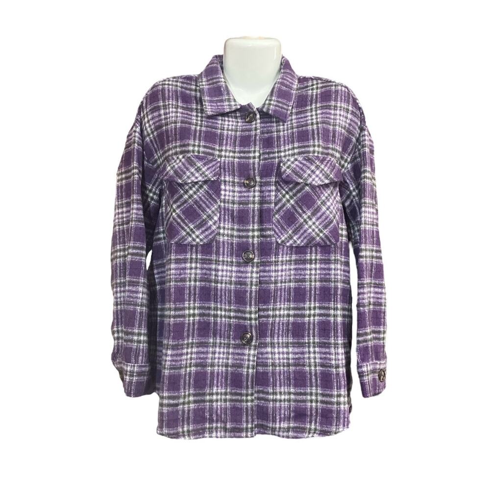 SHEIN Women's Purple Plaid Long-Sleeve Button-Down Shirt/Jacket Size L (US8-10)